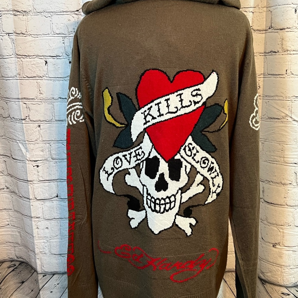 Ed Hardy NWT Men's Sweater Zip Hoodie Love Kills Slowly Army. Size XL C-18
